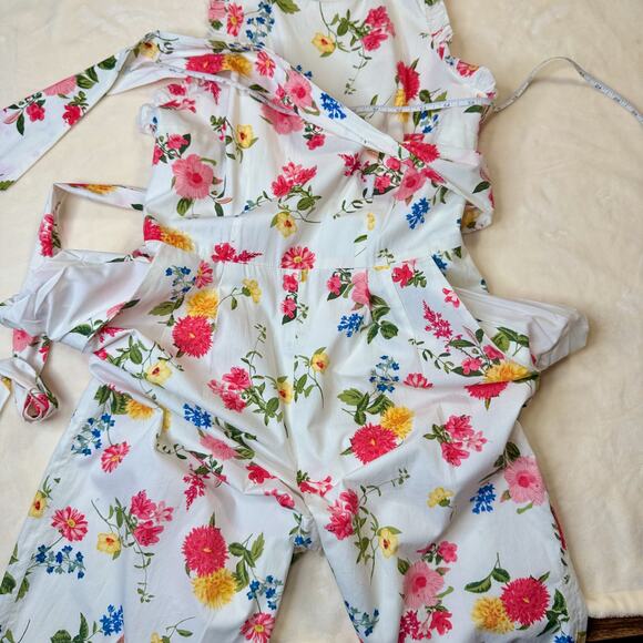 Gal Meets Glam Beverly Ruffle Floral Cotton Wide Leg Jumpsuit White Women’s 4 - Picture 11 of 16